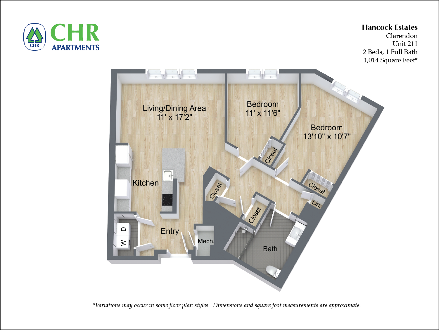 Floor plan for 2 beds, 1 bath, 1014 sqft